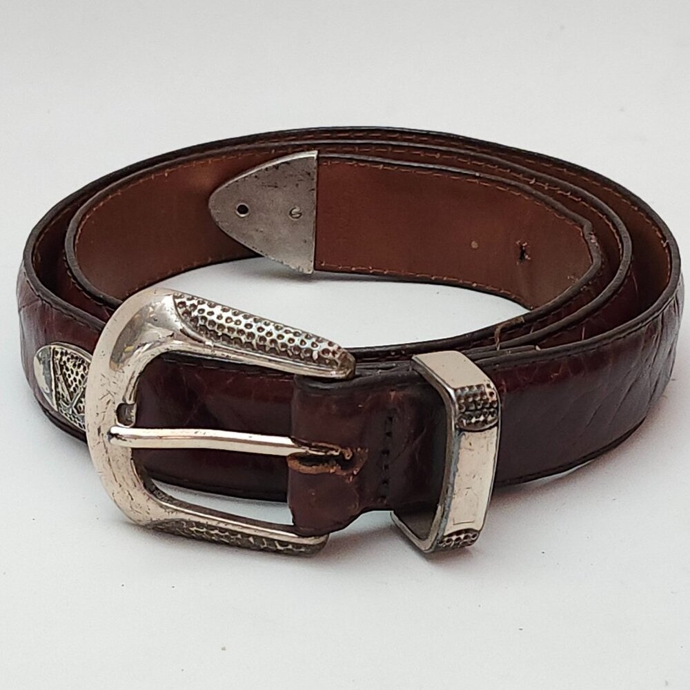 RETRO CROCODILE Leather Belt Golf Club Medallion Brown Leather Metal Tip 36-37"